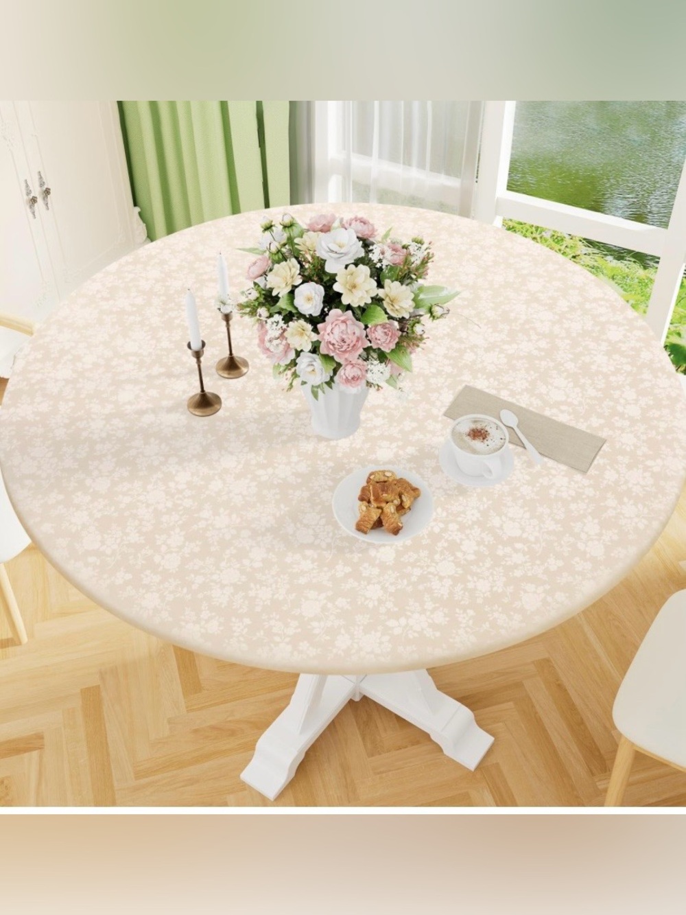 Floral Embossed Elegant Vinyl Tablecloth with Fitted Edges ROUND 45-56” BEIGE